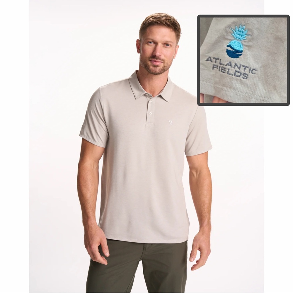 Vuori Men’s Knit Polo, Large, Beach Sand Heather Atlantic Fields Golf Course